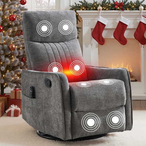 PAPROOS Swivel Rocker Recliner, Fabric 360°Swivel Rocking Recliner with Massage and Heat, Glider Rocking Chair for Nursery, Small Rocker Chair, Manual Recliner for Home Theater Living Room, Gray