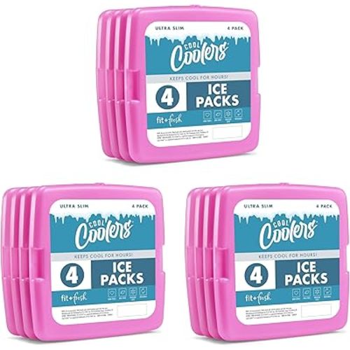 Cool Coolers by Fit + Fresh, Reusable & Long-Lasting Slim Ice Packs, Cold Packs for Cooler, Flat ice Packs for lunchbags. Cooler Accessories for Lunchboxes, Camping, Beach,Lunch, & Work, 12PK, Purple