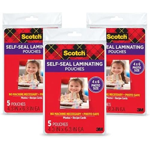 Scotch Self-Sealing Laminating Pouches, 4 x 6 Inches, 3-Pack of 5 Pouches – No Machine Needed, Clear, Photo Safe