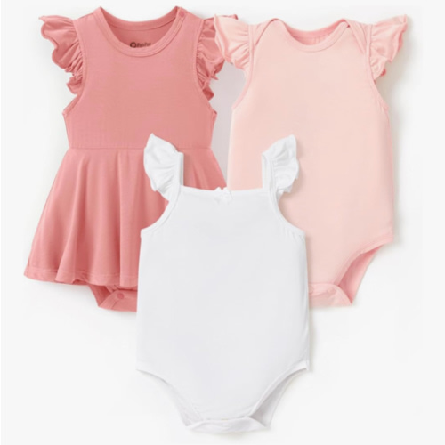 PATPAT Baby Girl Bodysuits - Soft Bamboo Viscose - Flutter Sleeves Cute Dress - Newborn Infant Summer Clothes - 3 Pack