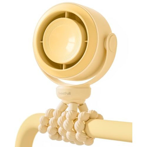 SWEETFULL Portable Stroller Fan, Pinch-Proof Baby Fan - Yellow | Wide Turbine Airflow; Safe Design; LED Display; 5-Speed; 30dB Quiet; USB-C Rechargeable; Mini Clip On Fan for Car Seat & Bed