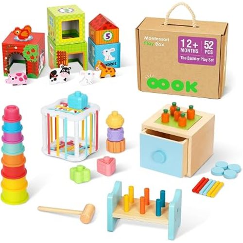 OOOK Montessori Toys for 1 Year Old, 7 in 1 Learning Educational Kit with Sensory Bin,Nesting Box, 3 in 1 Educational Box,Pounding Bench and Baby Stacking Cups