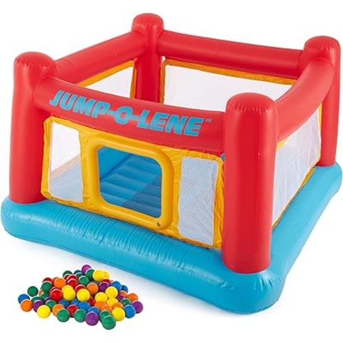 Intex Inflatable Jump-O-Lene Trampoline Bounce House with Crawl-Thru Door & Small Plastic Multi-Colored Fun Ballz for Ball Pit, 100 Pack