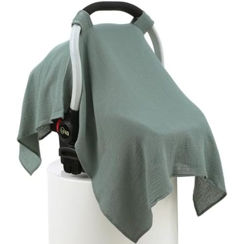 100% Muslin Cotton Car Seat Cover Baby, Carseat Canopy Cover, Universal Fit Stroller Covers for Boys and Girls (Roman Green)
