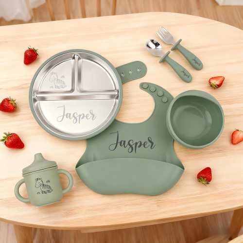 Personalized Stainless Steel Baby Feeding Set, Stainless Steel Divided Plate, Engraved Weaning Supplies,Baby Shower Gift, 1st Birthday Gift