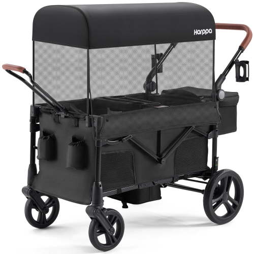 HARPPA Foldable Wagon Stroller for 2 Toddlers, Canopy, Push & Pull Handle, 32.9lbs, Black