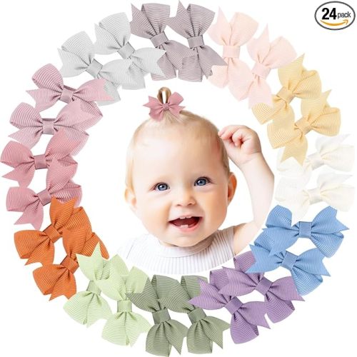 24PCS 2inch Hair Clips, Oaoleer Girls' Fully Lined Tiny Bows Alligator Clips for Infants Toddlers (12 Colors, Style D)