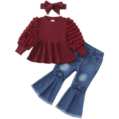 Renotemy Toddler Baby Girl Clothes Fall Winter Outfit Puff Bubble Sleeve Sweatshirt Denim Bell Bottom Jeans Matching Outfits