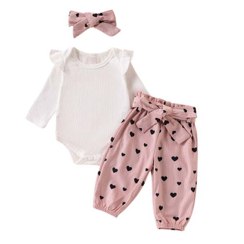 Erwazi Newborn Infant Girl Outfit Sets Rib Knit Bodysuit Heart Print Pants Headband Baby Clothes for Girls 0 3 6 12 Months