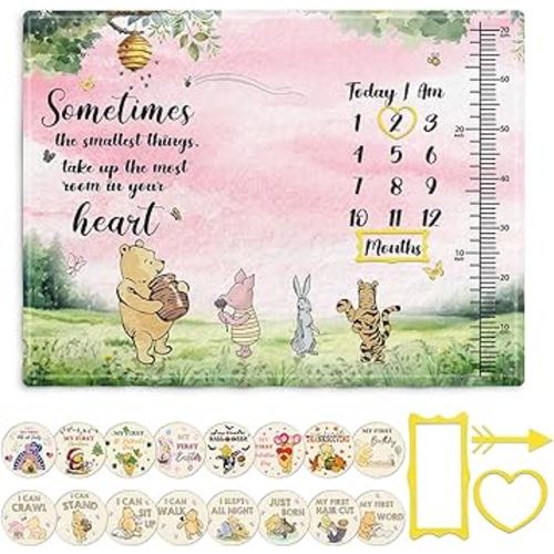 Winnie Quotes Milestone Blanket for Baby, Pink Baby Blanket Growth Chart, Newborn Photography Background Decor, with 8pcs Double-Sided Printed Holiday Cardstock 30 * 40in, Christmas Decor Photo Gift