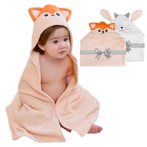 Mooreeke 2 Pack Toddler Towels - 100% Cotton Toddler Hooded Towels - Soft Baby Bath Towel with Hood for Newborn - Comfort Towel for Baby Girls and Boys - Animal Shaped (Lamb & Fox)