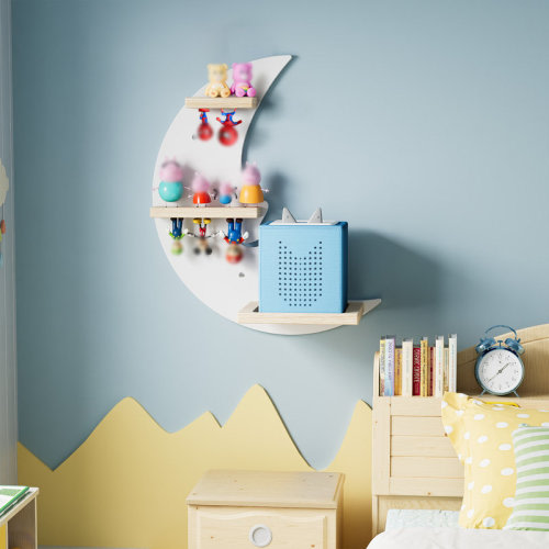 Harriet Bee Moon Tonie Shelf - White Magnetic Wooden Floating Shelf For 9-18 Tonie Figures, Cute Kids Room Wall Mounted Shelf | Wayfair