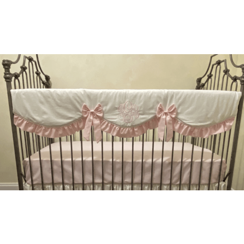 Ivory Linen and Pale Pink Baby Girl Crib Bedding, Crib Rail Cover, Gat - Just Baby Designs