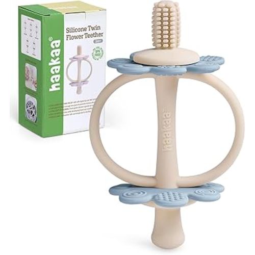 haakaa Silicone Baby Teether Toys,Nipple-Shaped End for Gum Massage,360° Baby Toothbrush Head for Self-Brushing Training,Easy to Grip - Sky Blue