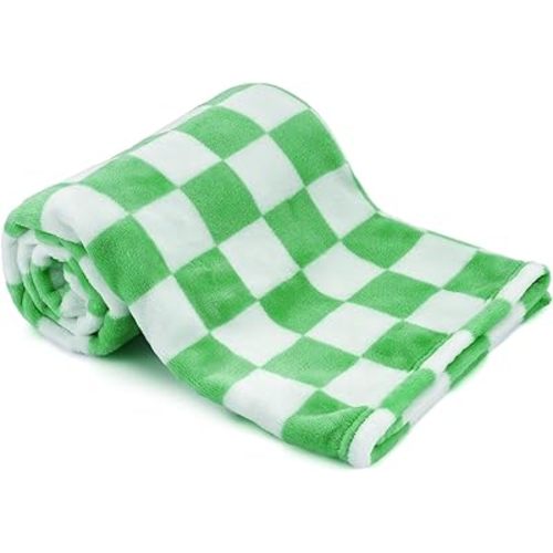 Plush Checkered Baby Blanket for Boys Girls Nursery, 30"*40" Warm Short Fleece Blanket Neutral for Infant Newborn, Small Fuzzy for Sleeping, Chenille or Stroller (Green&White)