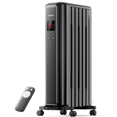 PELONIS Oil Filled Radiator Heater for Indoor Use Large Room with Remote, Electric Space Heater with Thermostat, Energy Efficient with ECO Mode, 24H Timer, Quiet, Overheat & Tip-Over Protection, 1500W