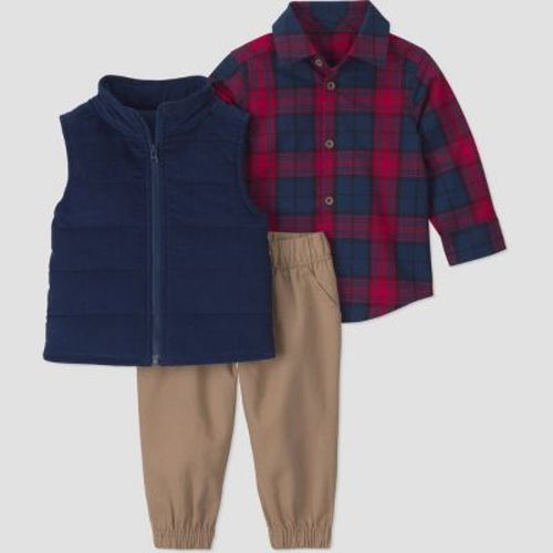 Carter's Just One You® Baby Boys' 3pc Christmas Plaid Button-Down, Joggers, and Vest Set - Red/Navy Blue 18M