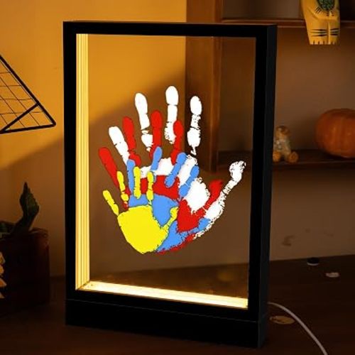 CHERRY CHEERS Family Handprint Kit with Light, Handprint Keepsake Frame, Wooden Led Light, Easy Install, No Need Screw etc, Non-Toxic Paints (Black)