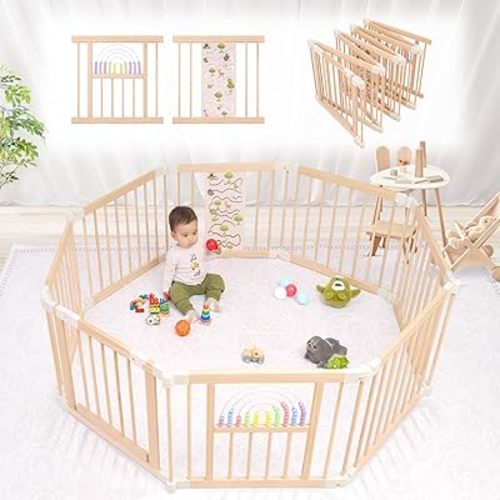 Foldable Wooden playpen,Baby Playpen,playpen for Babies and Toddlers,Baby Activity Center with Baby Gate,Portable Large playpen with Adjustable Shape and Size,Baby Fence Play Area (56x56x24inches)