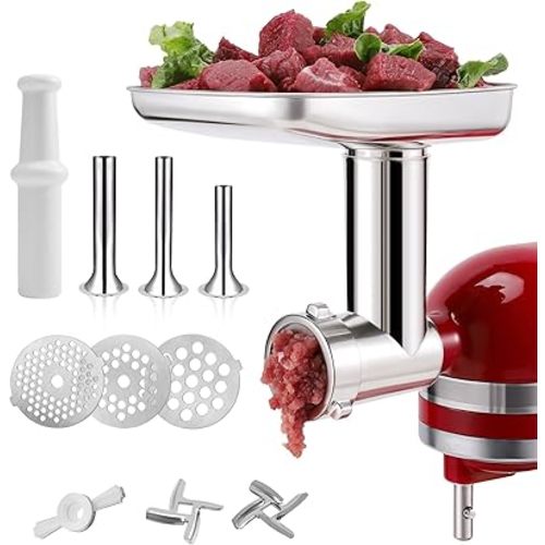 Stainless Steel Food Grinder Attachment for KitchenAid Mixers, Dishwasher Safe Meat Processor Aceesory Included 3 Sausage Stuffer Tubes