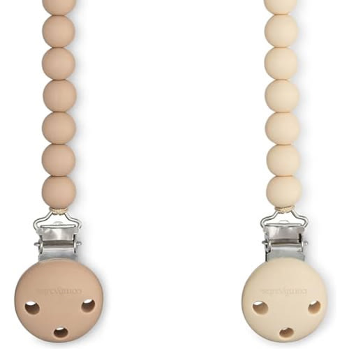 Comfy Cubs Pacifier Clips 2 Pack - 100% Food Grade Silicone Baby Pacifier Clips, BPA & PVC Free - CPSIA Certified, Lightweight and Flexible Baby Gifts - Beige & Light Beige