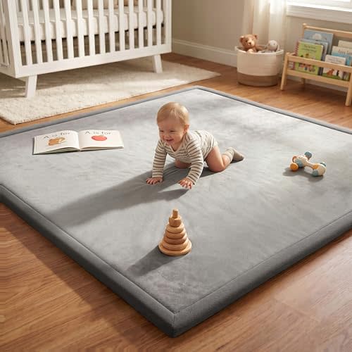 AEOCOO 60x80 Thick Baby Play Mat for Floor, 1.3" Memory Foam Infant Tummy Time Mat, Extra Large Soft Nursery Rug for Babies & Toddlers, Anti-Slip Cushioned Crawling Rug for Living Room, Grey
