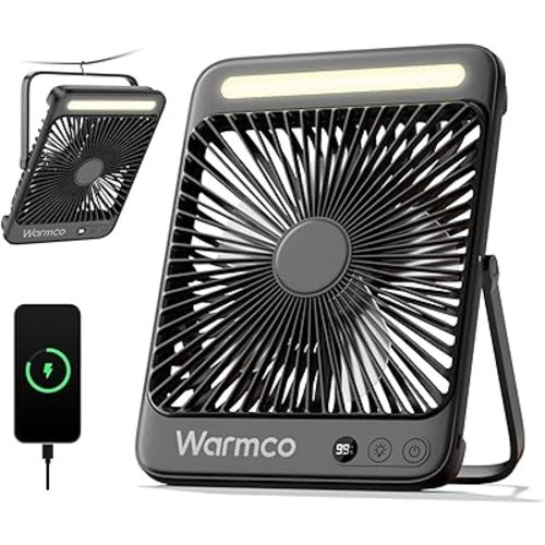 Warmco 20000mAh Battery Powered Fan, Ultra-Slim 8-Inch Portable Camping Fan with LED Lantern, Up to 48H Runtime Rechargeable Desk Fan for Bedroom, Outdoor, Tent, Travel, Cruise Ship Essentials