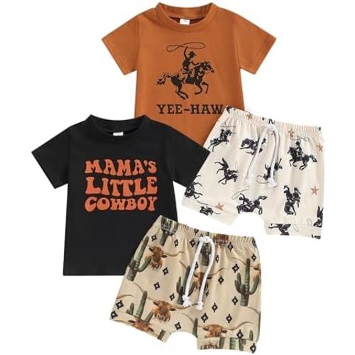 Toddler Boys Shorts Set Western Cowboy-Print Short Sleeves Tops+Elastic Pants Baby Summer Casual Outfits
