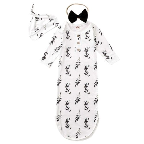 Infant Baby Girl Boy Cotton Sleeper Gown Knotted Pajamas Newborn Sleepwear Sleeping Bag with Headband&Hat (0-6Months, Leaves)