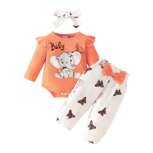 Curenmufel Infant Outfits for Girls Winter Newborn Baby Girl Clothes Ribbed Ruffled Romper+ Flared Pants Infant Outifts 0 3 6 9 12 18 24 Months (Orange,3-6 Months)