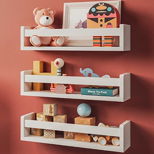 Set of 3 White Nursery Room Shelves - Solid Wood Ideal for Books, Toys and Decor (Classic White)
