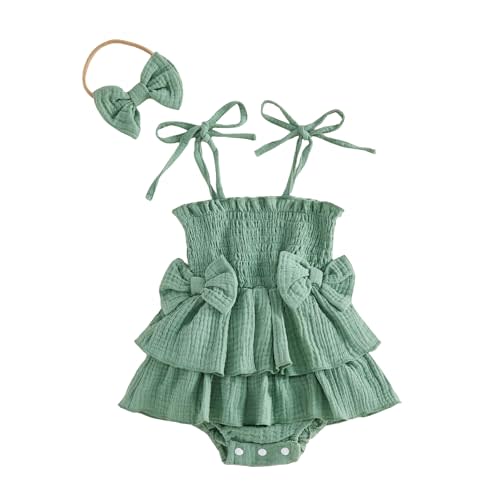 Thorn Tree Baby Girl Summer Clothes Newborn Outfit Ruffle Romper Infant Baby Dress Bow Headband Solid Cute Outfits Girls