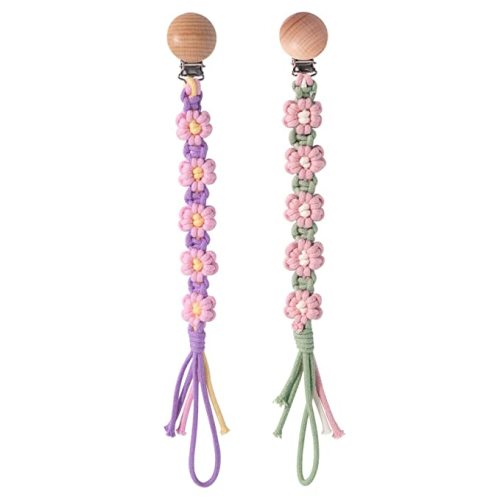 Symbolife Pacifier Clip for Boys Girls Floral Daisy Macrame Paci Clip Pacifier Holder Leash Boho Wooden Clips Handmade Braided Cotton Unisex Baby Shower Birthday Gift