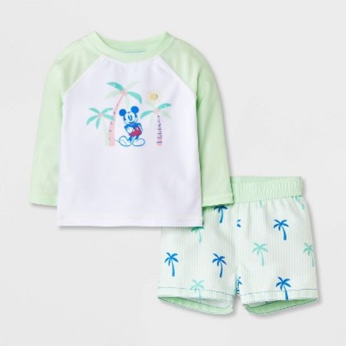 Disney Baby Boys' Mickey Mouse Palm Tree 2pc Rash Guard Swimsuit - Light Green 9M