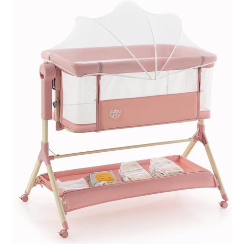 BABY JOY Bassinet Bedside Sleeper, Easy Folding Baby Crib w/All-Side Mesh, Storage Shelf, 7 Adjustable Heights, Mattress & Travel Bag for Safe Co-Sleeping, Portable Baby Bed for Newborn Infant -Gray