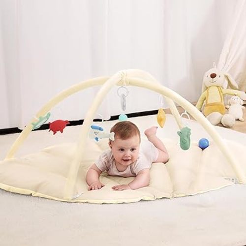 ANGELBLISS Baby Play Gym Mat, Reversible Tummy Time Mat with 6 Sensory Toys for Stage-Based Developmental, Thick & Large Baby Activity Center from Newborn to Toddler (Beige)