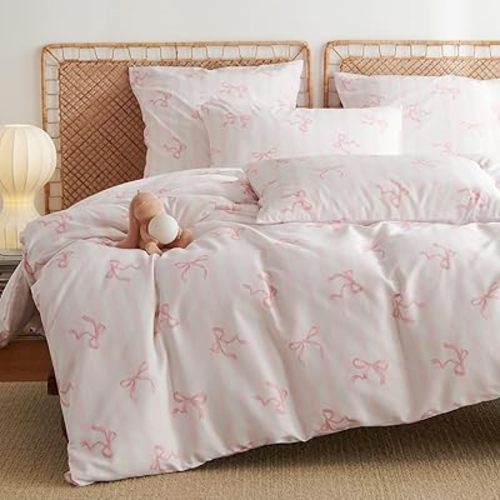 Pink Comforter Set Queen Size 3 Pieces,Pink Bows Striped Pattern Bedding Comforter Set Bed Set for Girls,Neutral Farmhouse Comforter Queen and 1 Pillowcase