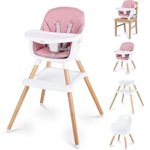 INFANS 8 in 1 Baby High Chair, Convertible to Booster Seat Counter Stool, Wooden High Chairs for Babies and Toddlers with Dual-Layer Adjustable Tray (Pink)