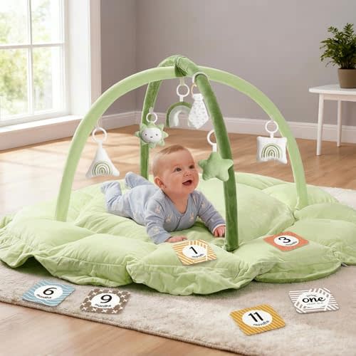 5-in-1 Thick & Plush Baby Play Gym, Baby Play Mats for Floor, Tummy Time Mat with 6 Toys, Convertible Stage-Based Developmental from Babies to Toddlers, Ball Pit, Green