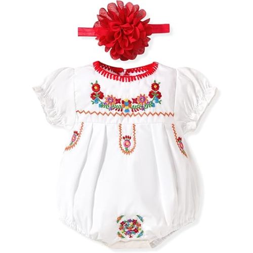 HINTINA Newborn Baby Girl Mexican Ethnic Embroidery Floral Bodysuit With Headband