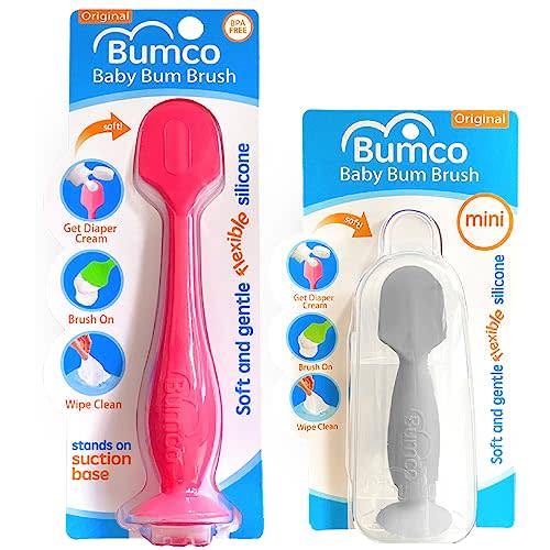 Bumco 2-PACK Diaper Cream Spatula - FULL-SIZE + MINI Baby Bum Brush with TRAVEL CASE - Diaper Cream Applicator for Baby - Baby Necessities - Suitable for Aquaphor, Desitin - Pink & Gray