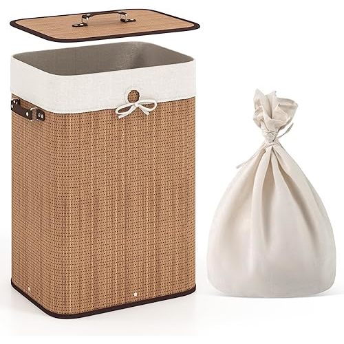 Giantex Bamboo Laundry Hamper with Lid, 72L Large & Tall Clothes Hamper with Removable Liner & Handles, Rectangular Laundry Basket for Small Spaces, Laundry Room, Bedroom