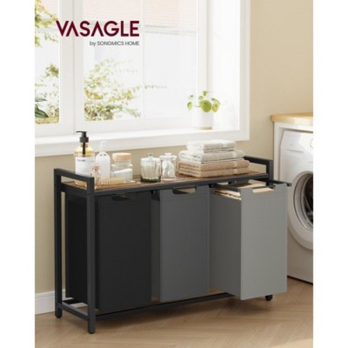 3-Compartment Laundry Hamper Sorter with Removable Bags, Pull-Out Liners, Ventilated Shelf & Sturdy Metal Frame ¨C 31.7 Gallons Capacity, Rustic Brown