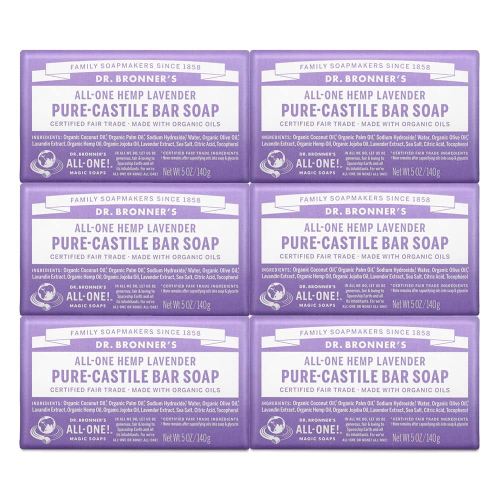 Dr. Bronner's - Pure-Castile Bar Soap (Lavender, 5 ounce, 6-Pack) - Made with Organic Oils, For Face, Body and Hair, Gentle and Moisturizing, Biodegradable, Vegan, Cruelty-free, Non-GMO