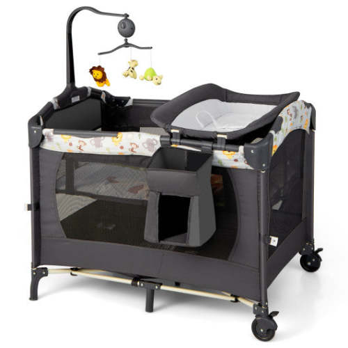 3-in-1 Convertible Portable Baby Playard With Music Box and Wheel and Brakes-Dark Gray