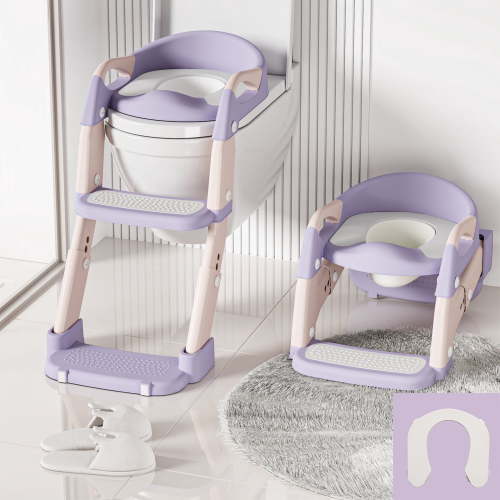 3-in-1 Potty Training Seat & Training Toilet & Potty Chair, Height Adjustable Toddler Toilet Seat for Kids Boys Girls, Foldable Potty Training Toilet with Splash Guard and Anti-Slip Steps, Purple