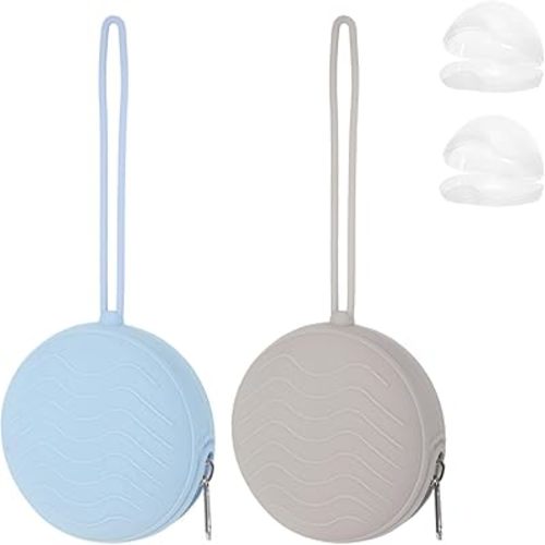 2 Pack Pacifier Holder Bag, 2 Newborn Baby Portable Silicone Pacifier Holder Case, Silicone Holder for Diaper Bag, Travel Outdoor Activities, Easy to Clean (White,Blue)