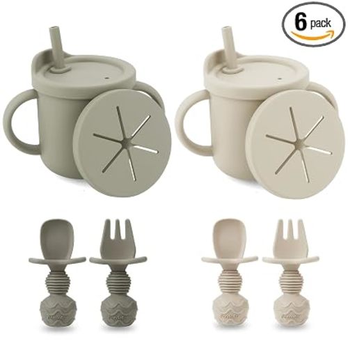 PandaEar 2 Pack Silicone Baby Straw & Snack Cup with 2 Spoons 2 Forks, Dual-Purpose Toddler Training Cups, Light Tan/Walnut
