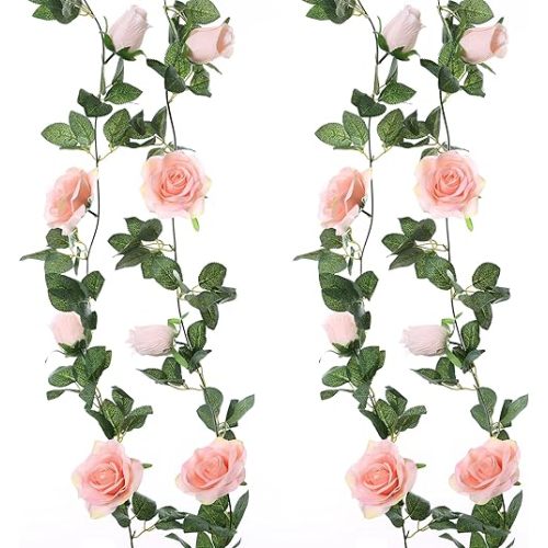 Felice Arts 2 Pack Pink Artificial Rose Garland Each 6.5FT Fake Rose Vine Hanging Floral Garland for Wedding Swing Table Centerpiece Arrangement Decor
