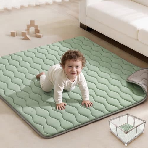 Blissful Diary Baby Play Mat, 47x47 Infant Play Mat for Playpen, Thicken Foam Cushioned Baby Mat for Floor, Non-Slip Kids Play Mat, Washable Baby Playmat for Babies,Toddlers, Sage Green
